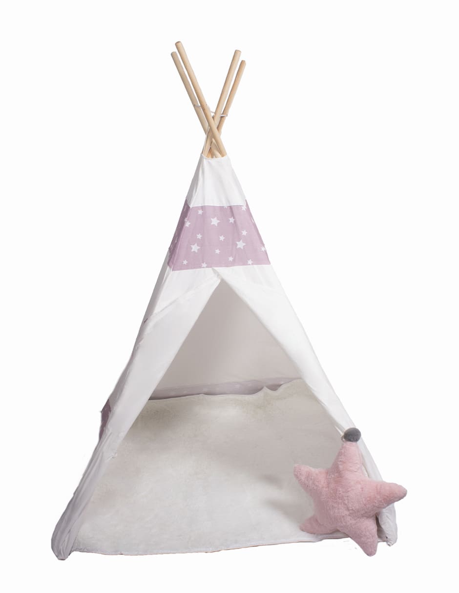 CARPA CASITA ESTILO TIPI ESTRELLA ROSA CON TAPETE Y ALMOHADA