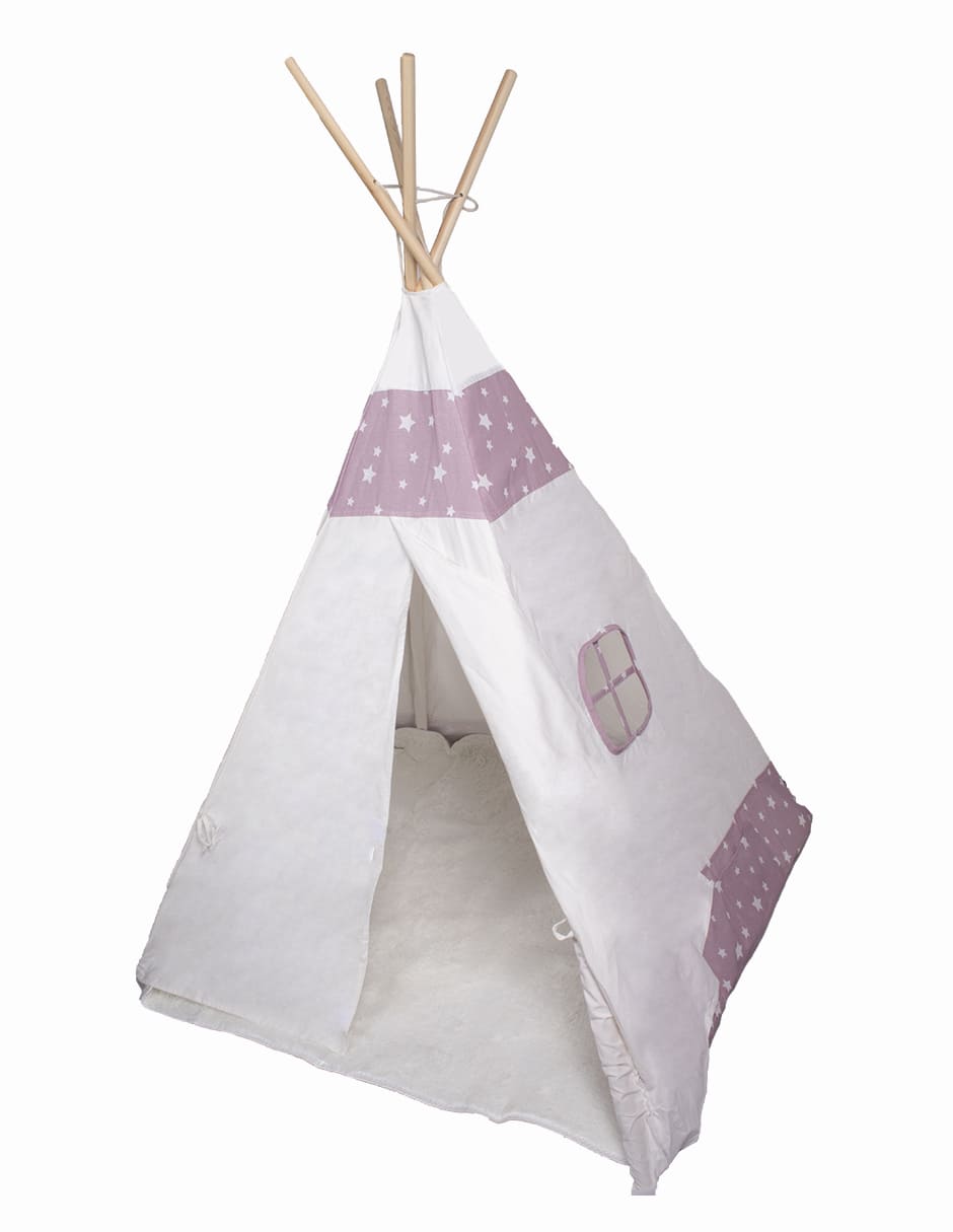 CARPA CASITA ESTILO TIPI ESTRELLA ROSA CON TAPETE Y ALMOHADA